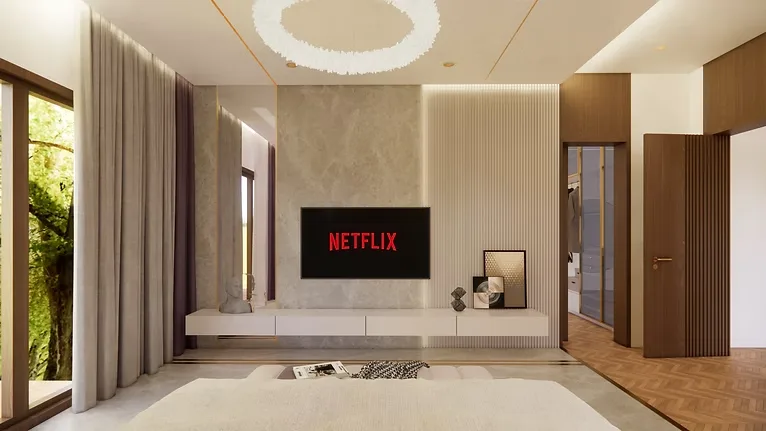Minimal luxury bedroom with TV unit and warm contemporary interiors