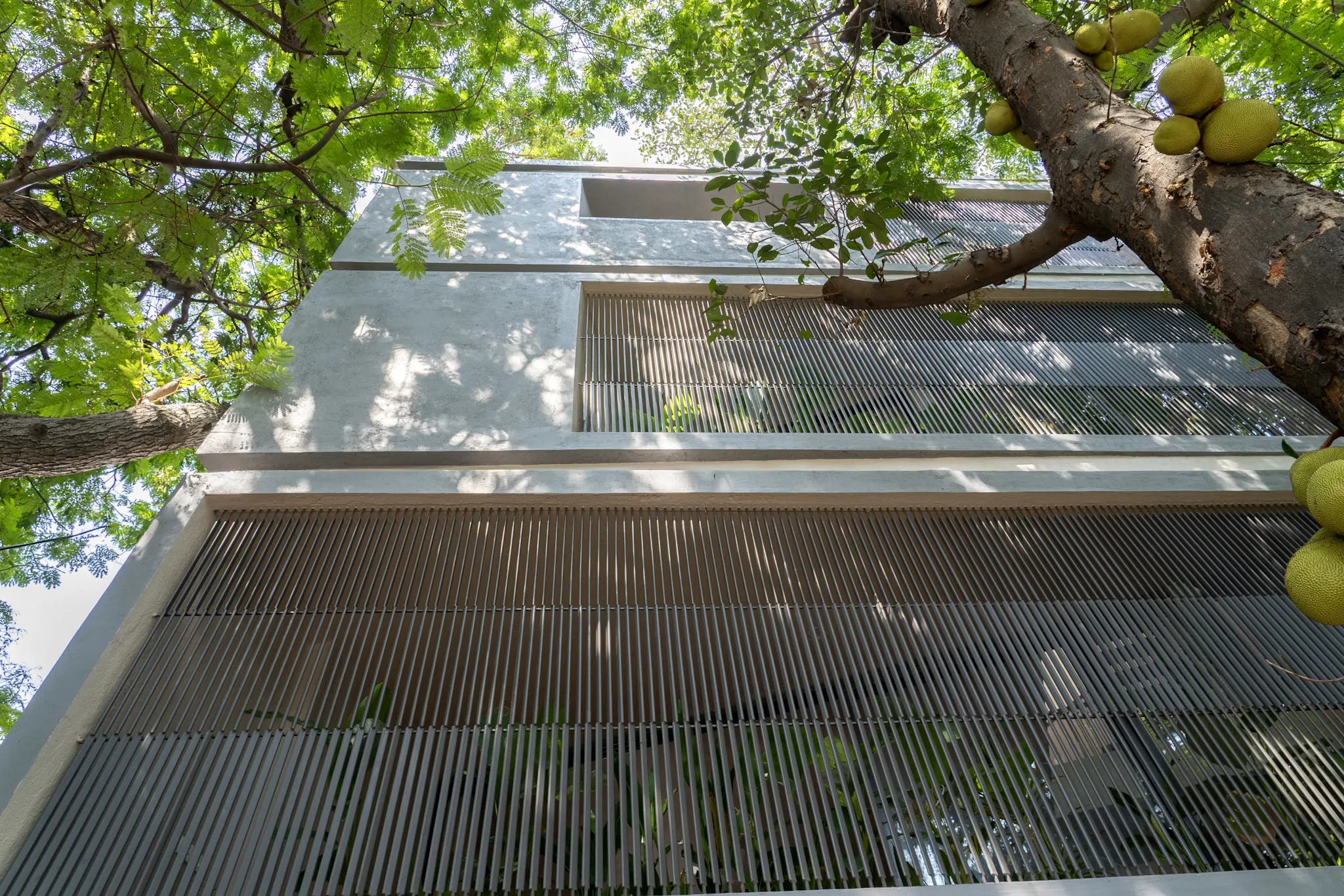 Contemporary villa elevation with vertical metal facade screens and mature trees