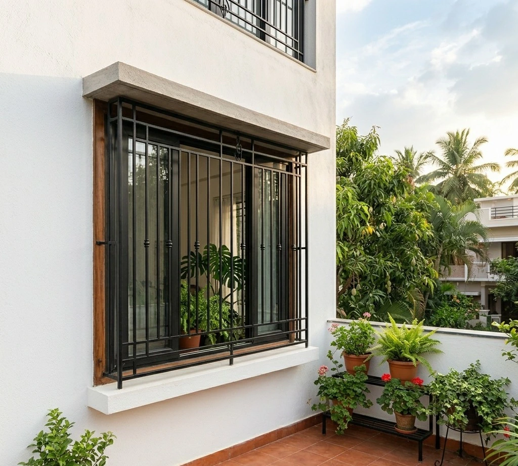 Black window grill colour design for modern Indian home exterior