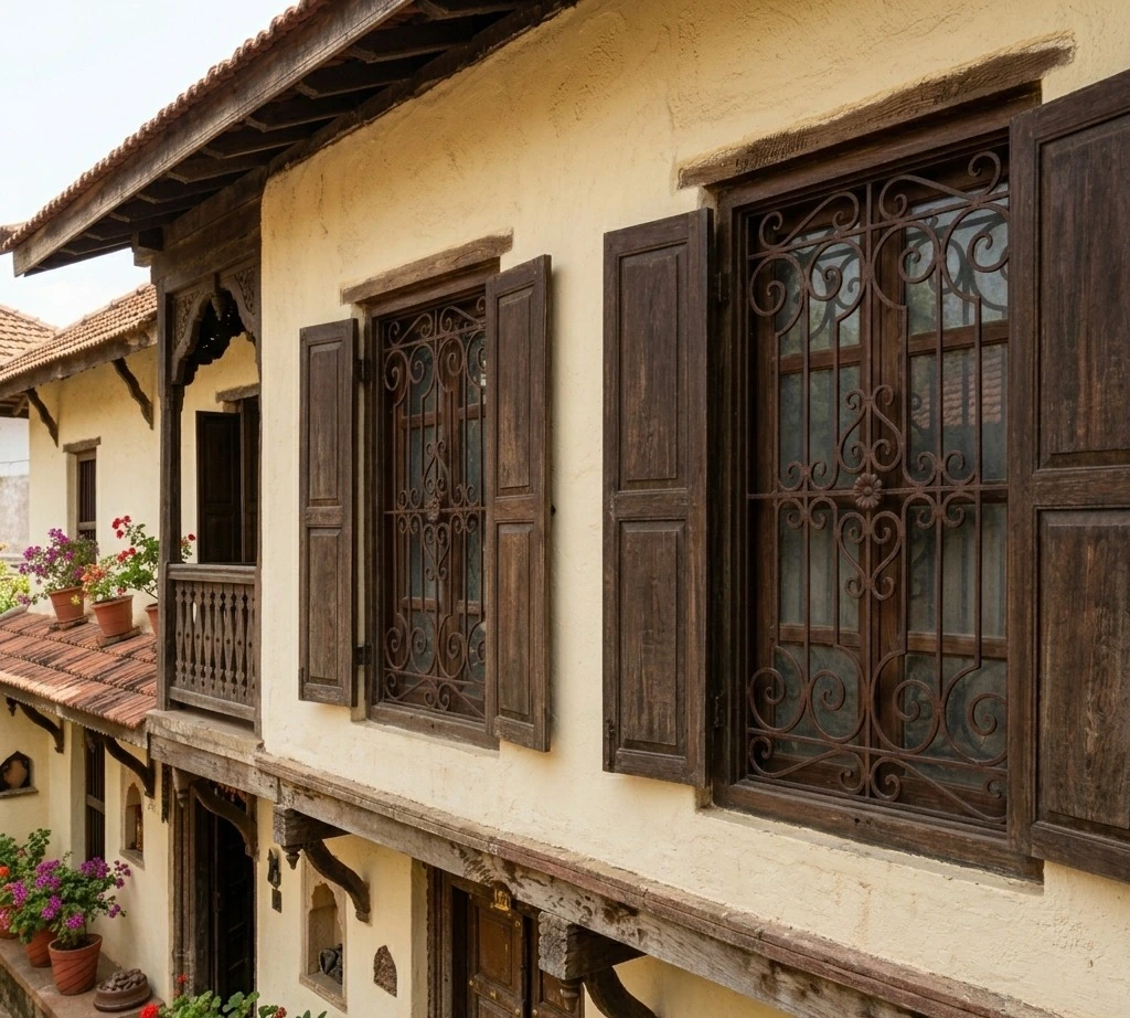 Brown traditional window grill colour design for Indian home