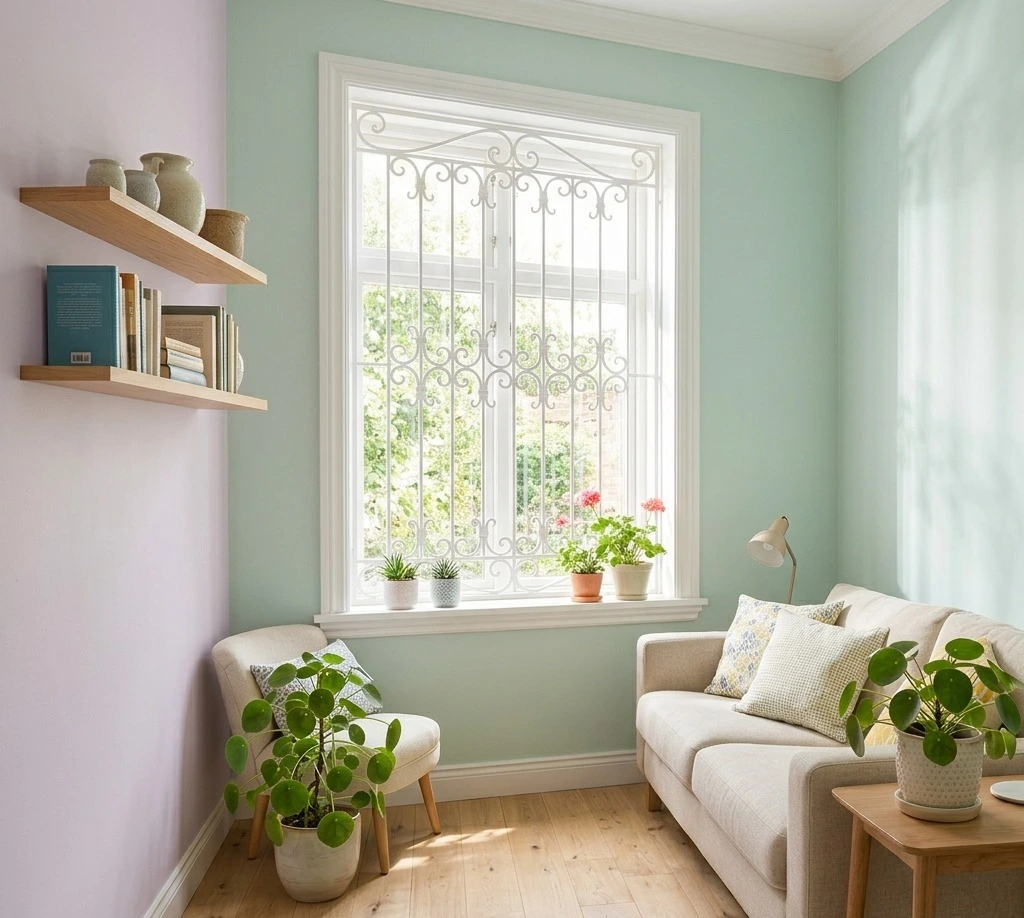 White window grill colour design with pastel room interior