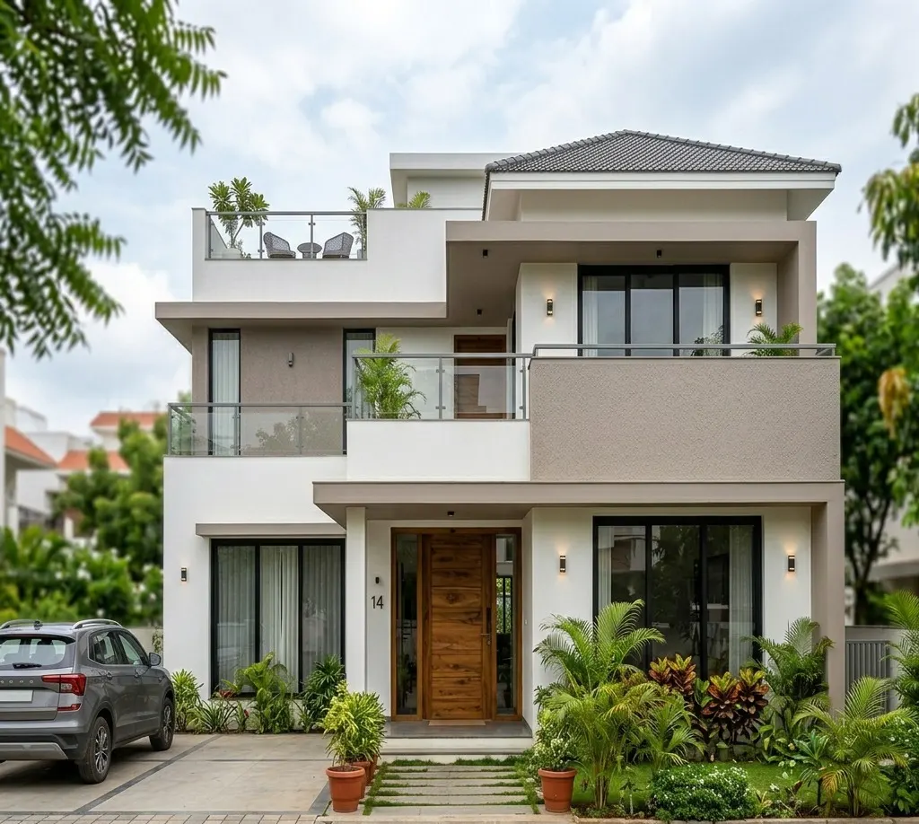 Modern white and grey exterior house colour combination for Indian duplex home design