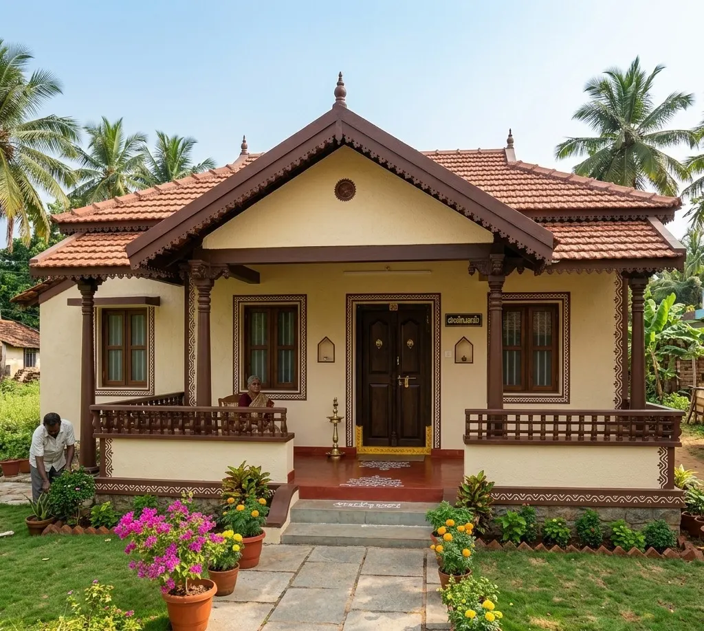 Traditional Kerala house exterior colour combination with cream and brown shades