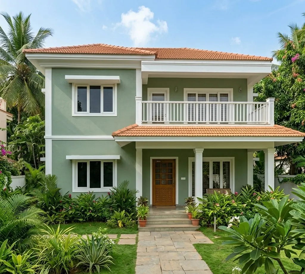 Sage green and white exterior wall colour combination for Indian home