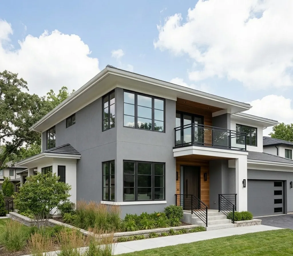 Modern grey exterior house paint colour combination for luxury home