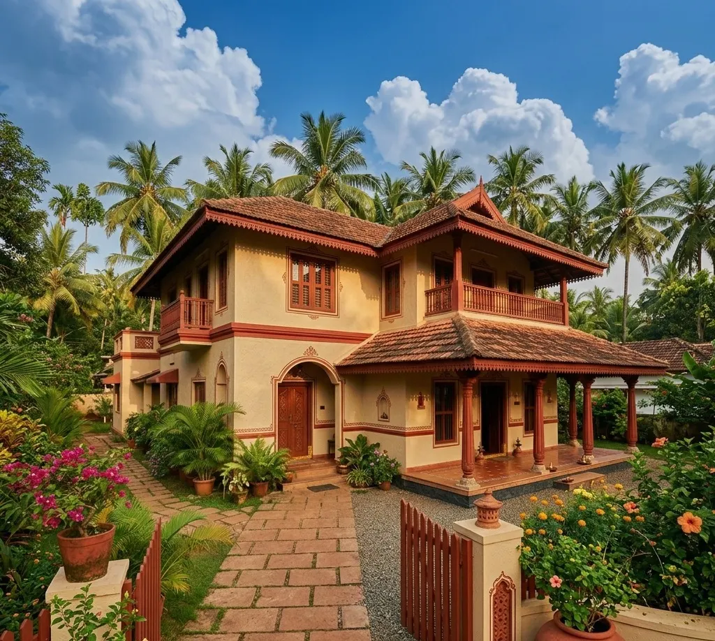 Beige and rustic red exterior colour combination for traditional Indian house