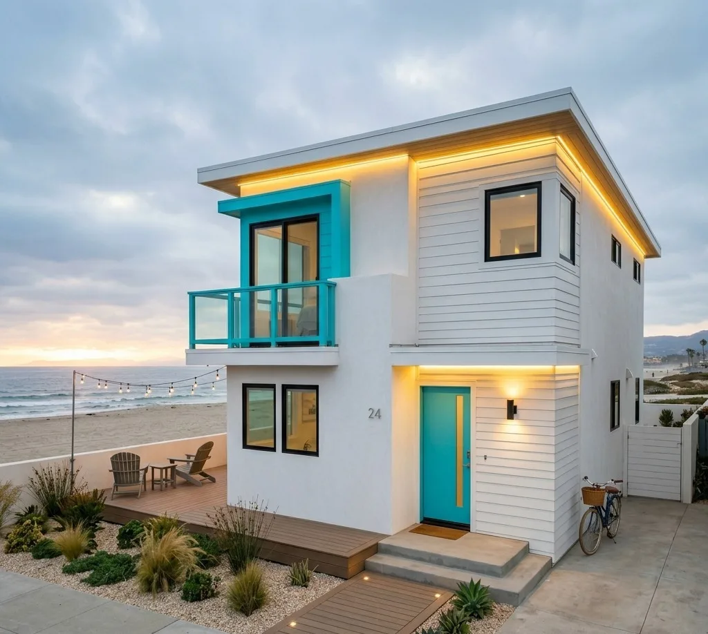 White and turquoise exterior house colour combination for modern beach home