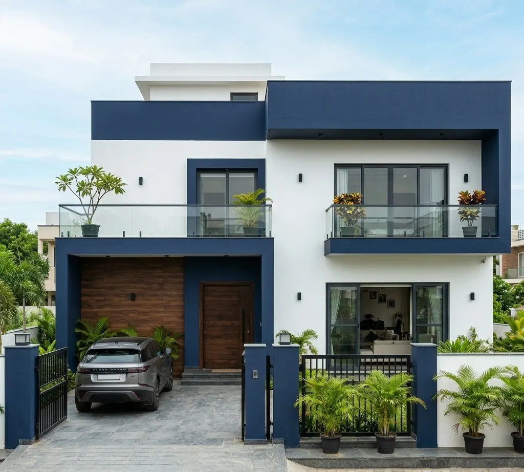 White and navy blue exterior wall paint colour combination for duplex house