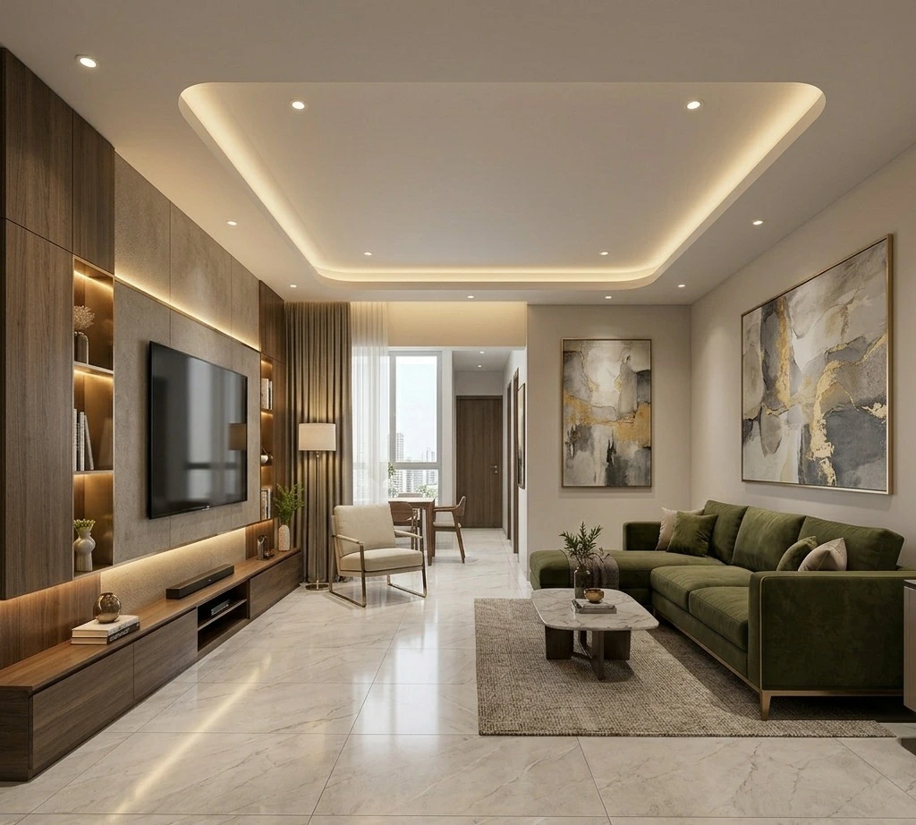 Luxury 2BHK living room interior design with modern TV unit, false ceiling lighting, marble flooring, and green sofa