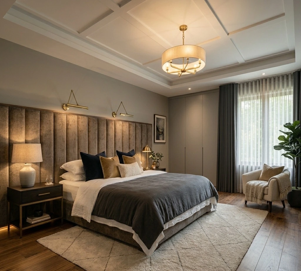 Luxury master bedroom interior design with upholstered headboard, wooden flooring, modern lighting, and neutral decor