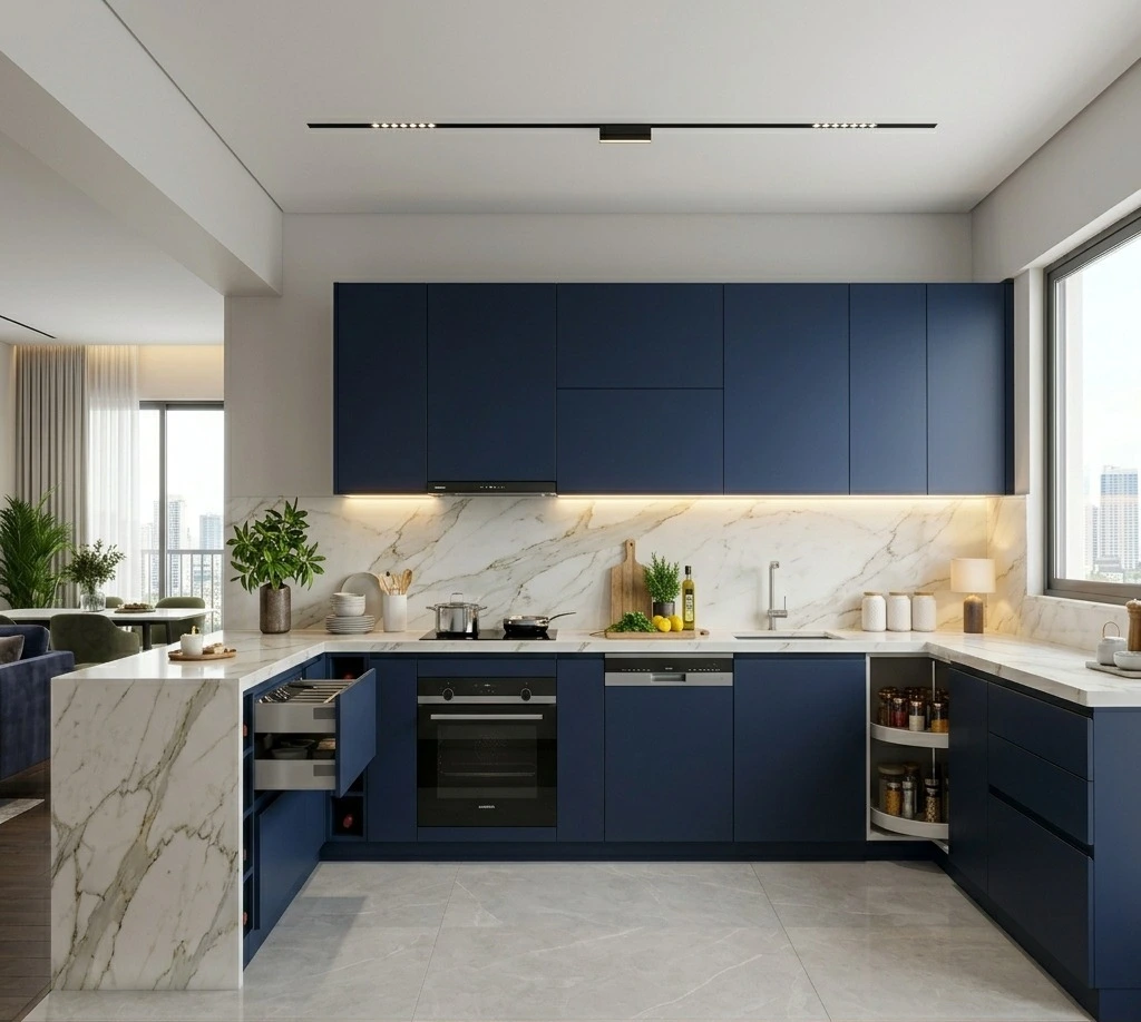 Modern modular kitchen design with blue cabinets, marble backsplash, quartz countertop, and luxury 2BHK interior