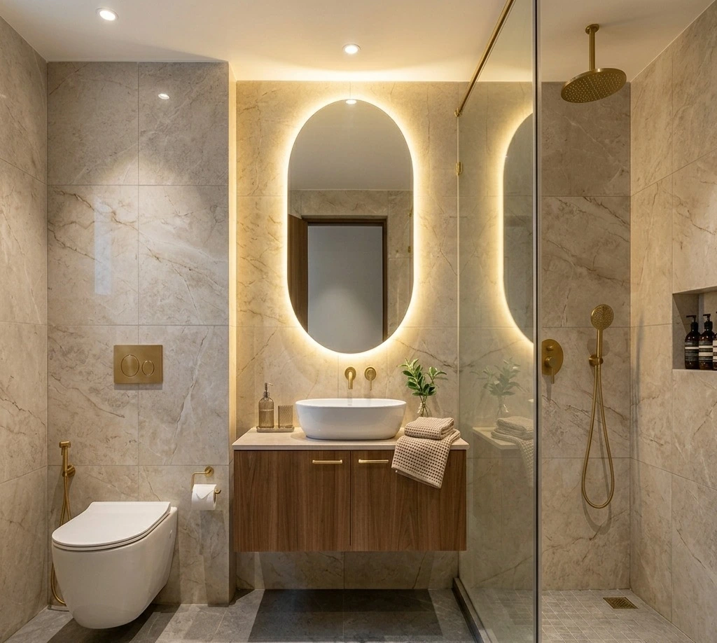 Luxury bathroom interior design with backlit mirror, marble tiles, glass shower partition, and modern vanity unit