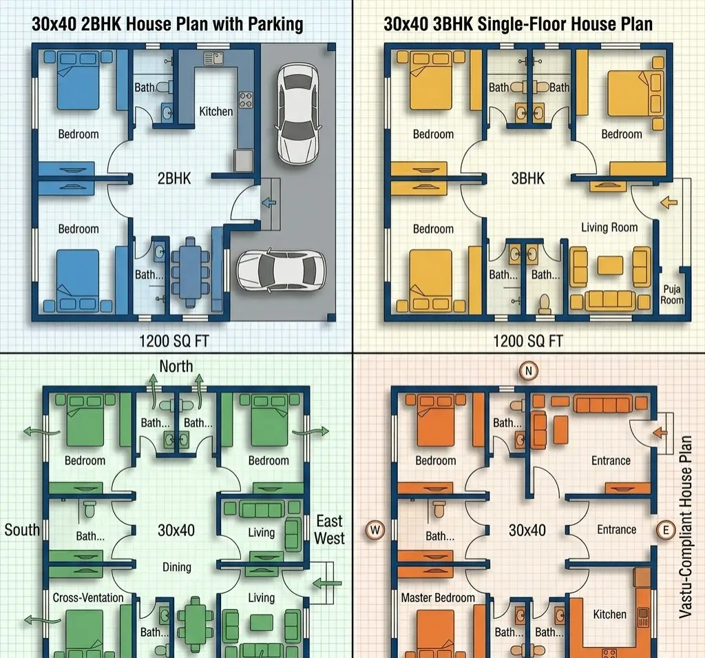30x40 house plans with 2BHK and 3BHK floor layouts for modern Indian homes