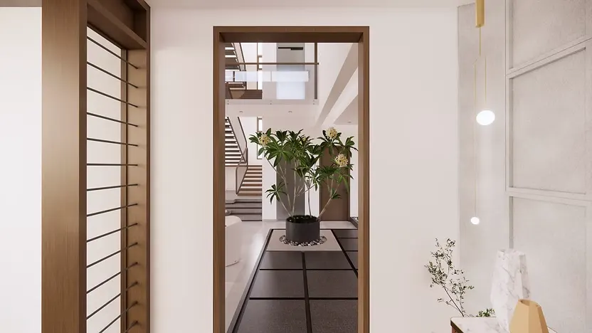 Modern luxury home entrance foyer design with wooden door frame and indoor plants