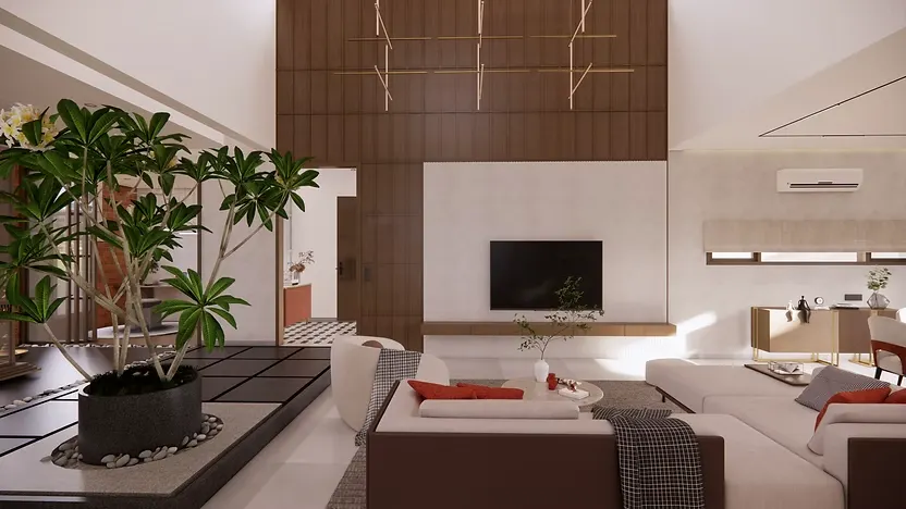 Contemporary living room interior design with wooden wall panels and open layout