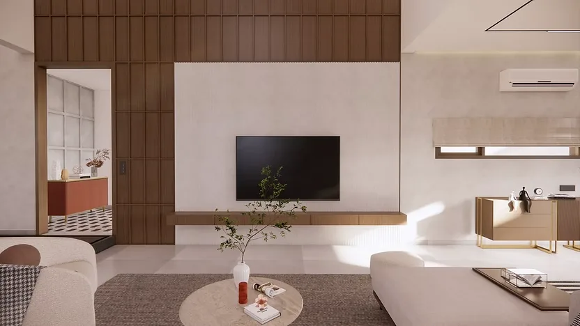 Modern TV unit design with wooden wall paneling in luxury living room