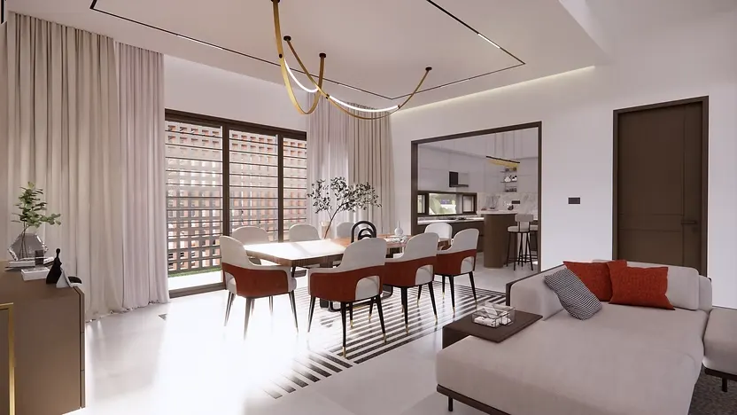 Open dining and living room interior design with modern furniture