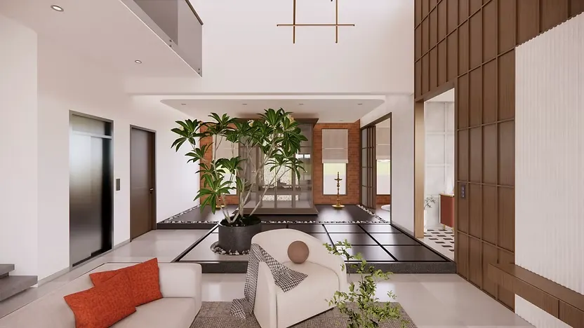 Double height living room interior with indoor plants and modern design