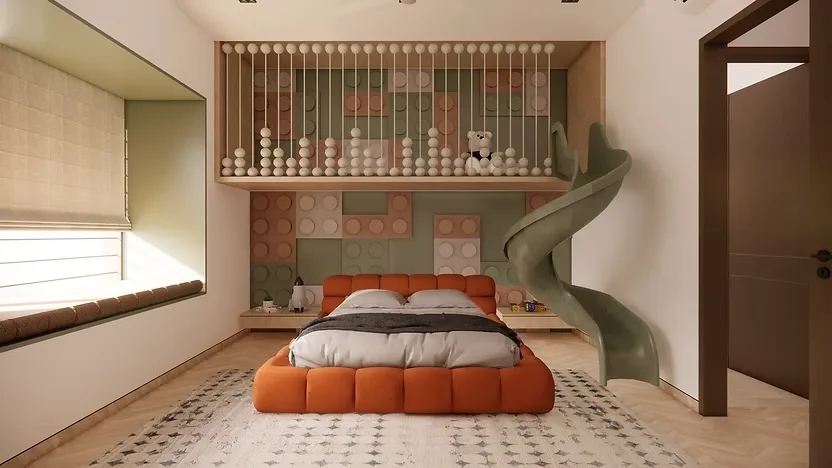 Kids bedroom interior design with playful slide and custom bunk area