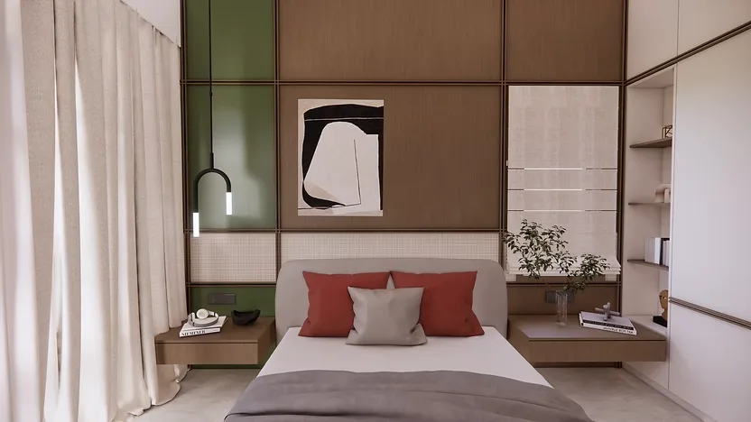 Modern bedroom interior with wooden wall panels and study corner