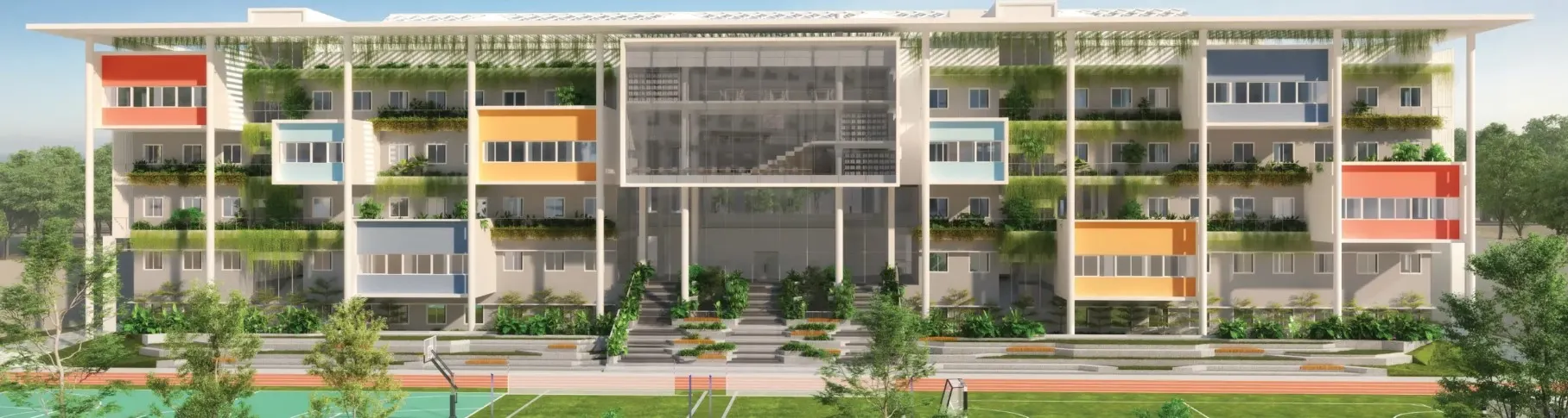 National Public School Ullal front elevation with green facade and school landscape design in Bangalore