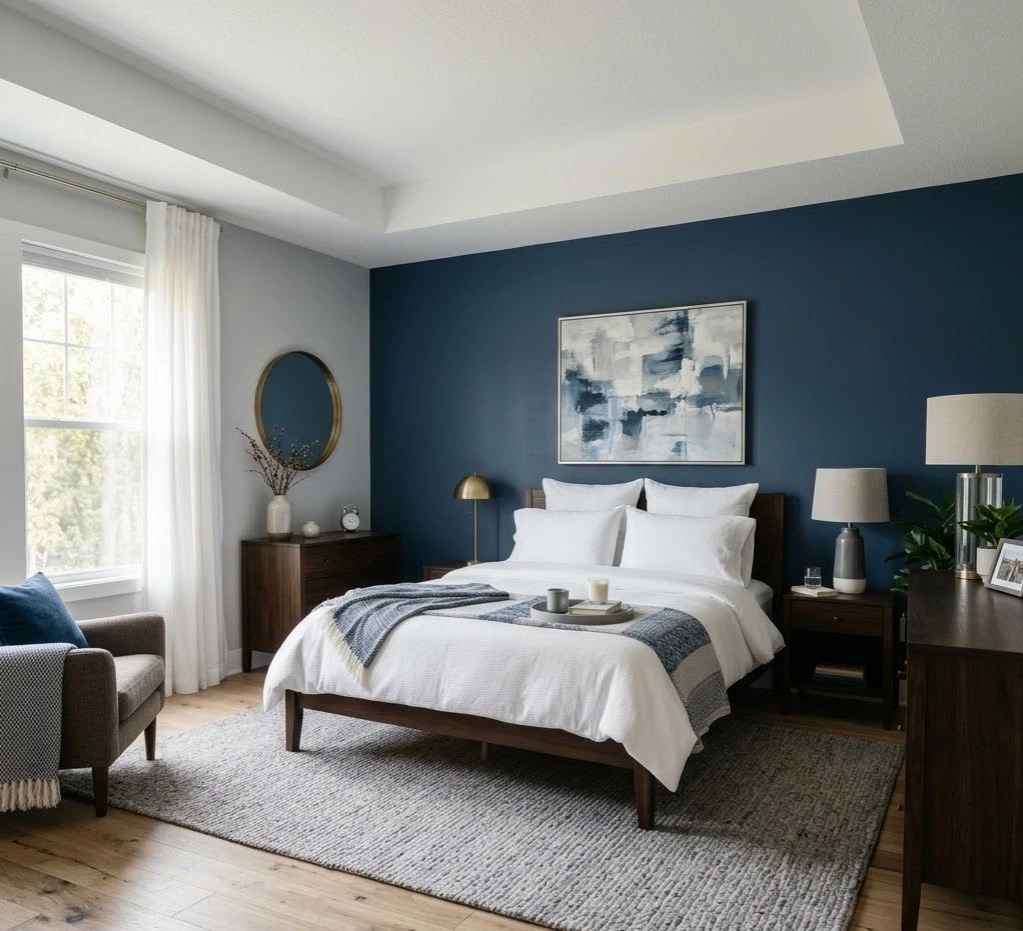 Blue and grey bedroom wall colour combination with modern wooden furniture and white bedding