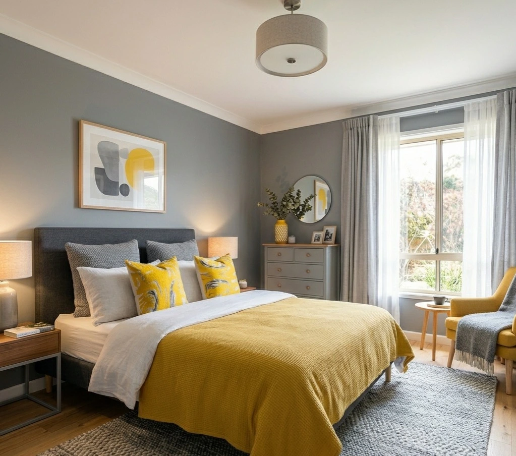 Grey and yellow bedroom wall colour combination with cheerful modern bedroom decor