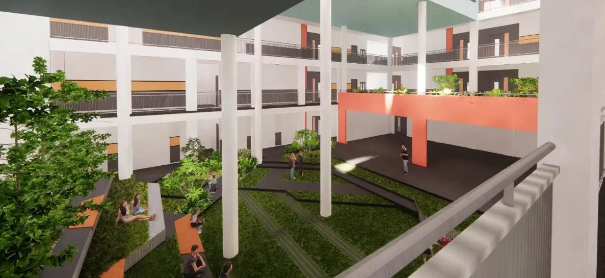 School courtyard seating area with landscape design and green spaces