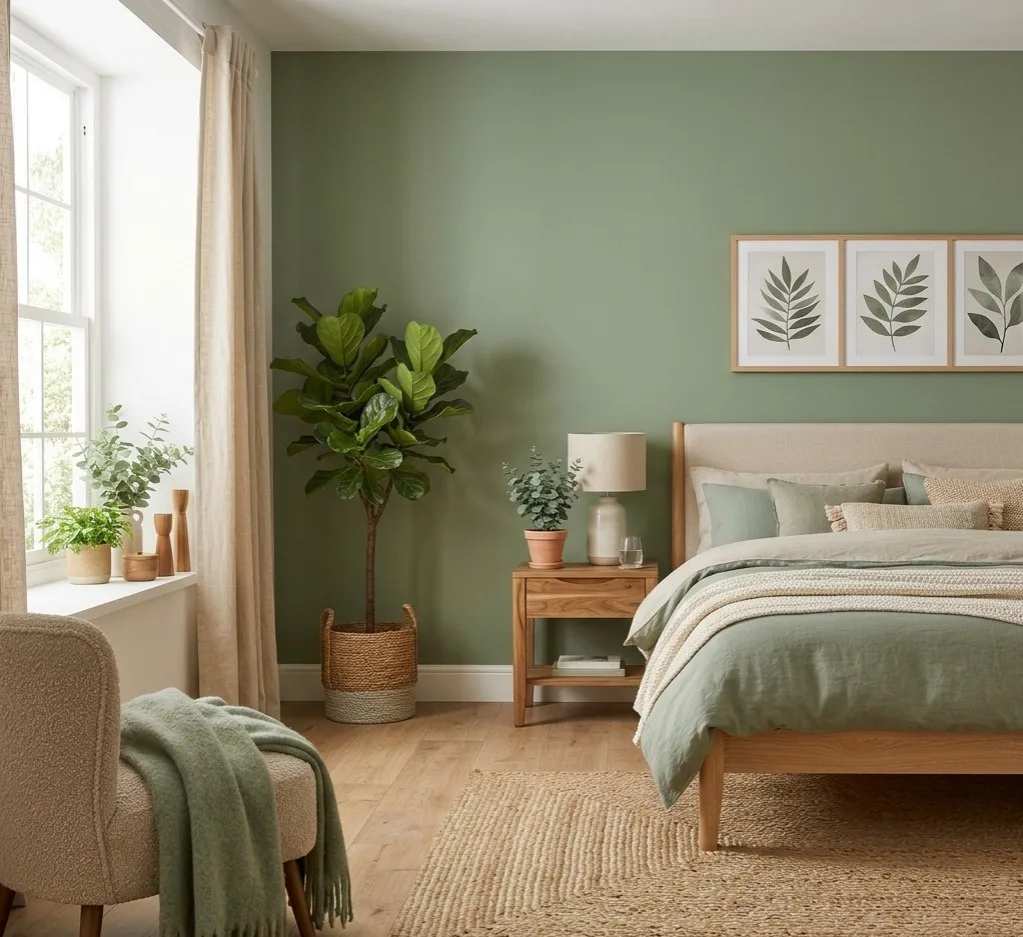 Sage green and beige bedroom wall colour combination with nature inspired bedroom design