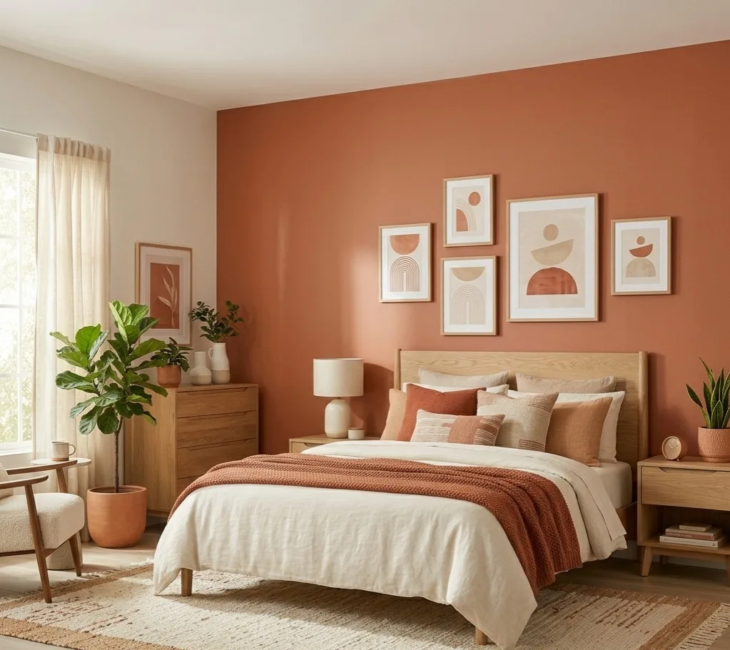 Terracotta and cream bedroom wall colour combination with earthy modern interior design