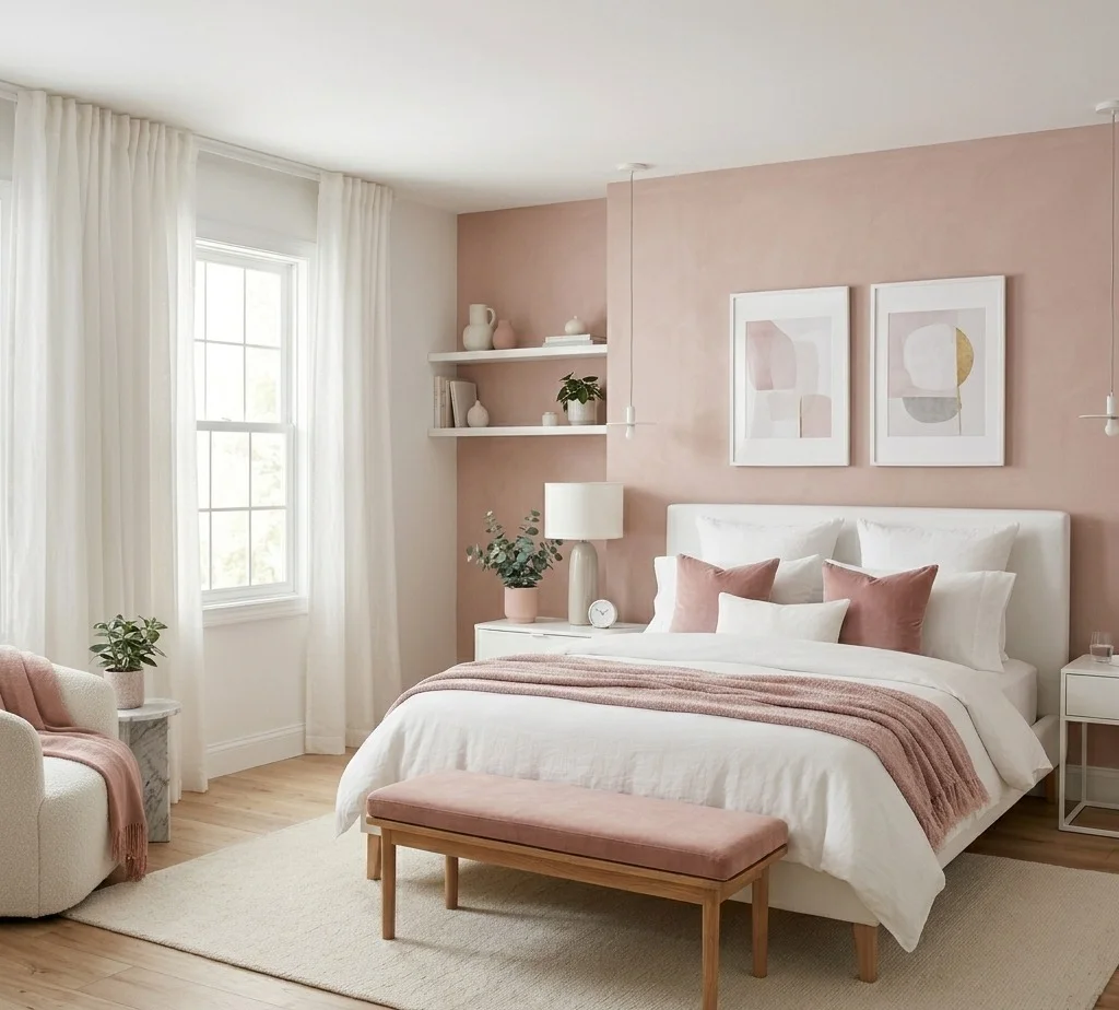 Dusty pink and white bedroom wall colour combination with elegant modern bedroom decor