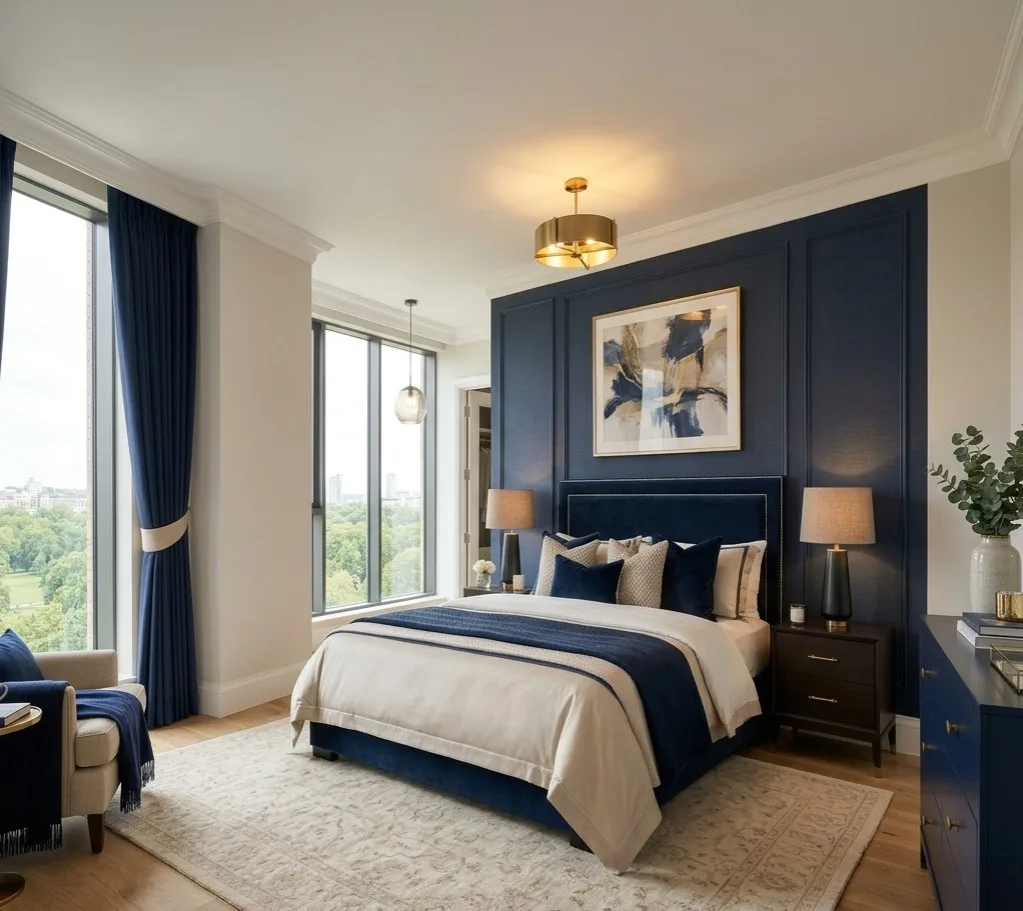 Navy blue and beige bedroom wall colour combination with luxury modern bedroom interior