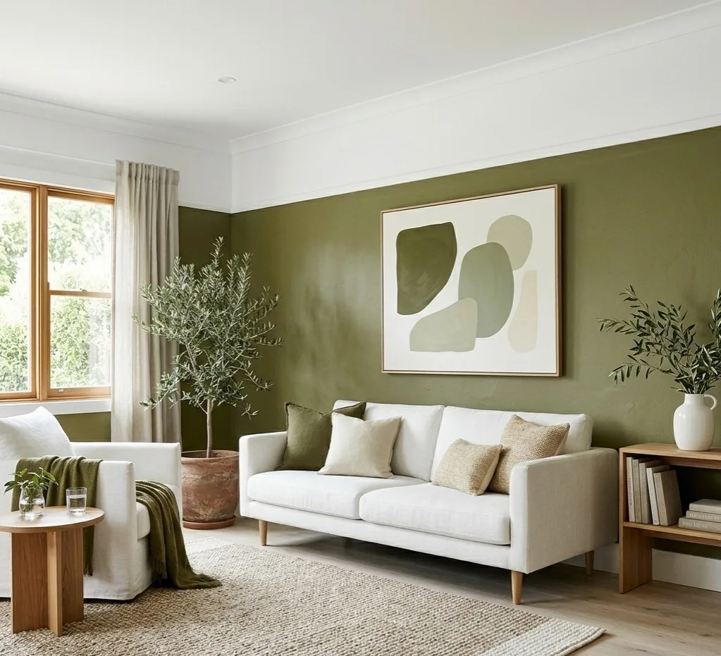 Olive green and white bedroom wall colour combination with minimalist natural interior design