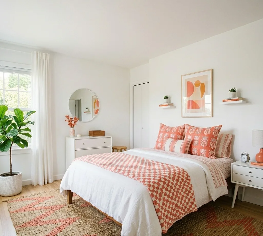 Coral and white bedroom wall colour combination with bright and modern bedroom decor