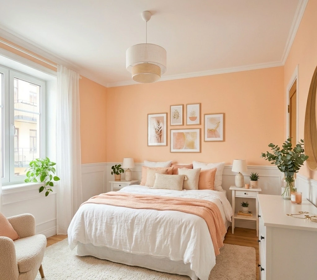Peach and white bedroom wall colour combination with soft pastel interiors and natural light