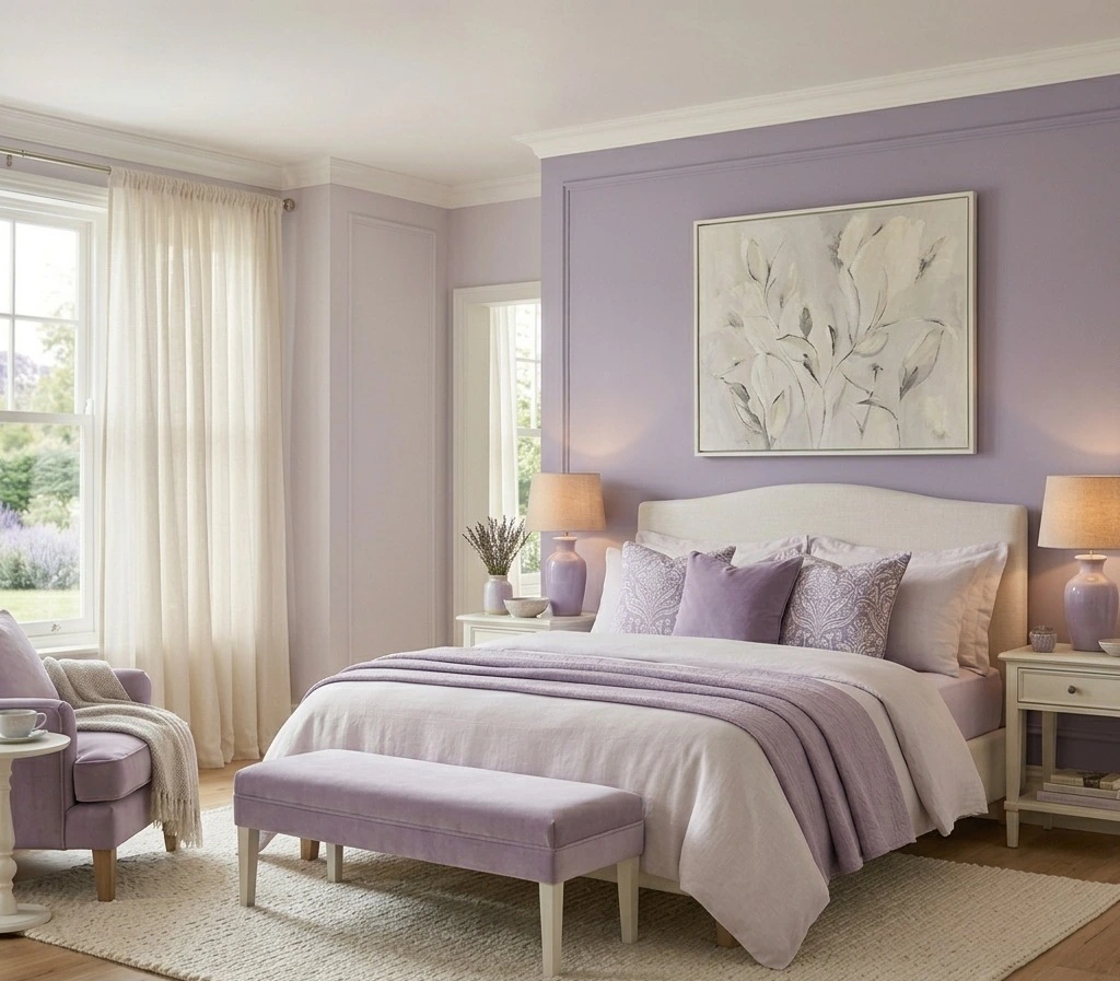 Lavender and off-white bedroom wall colour combination with cozy and relaxing bedroom design