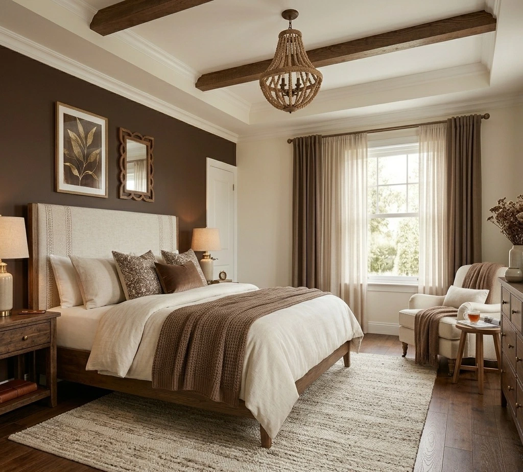 Brown and cream bedroom wall colour combination with wooden furniture and warm interiors