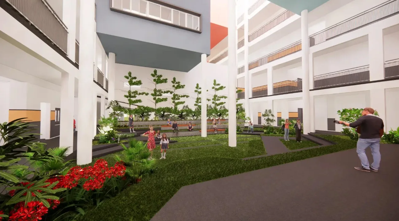 Student activity courtyard with landscape architecture at National Public School Ullal