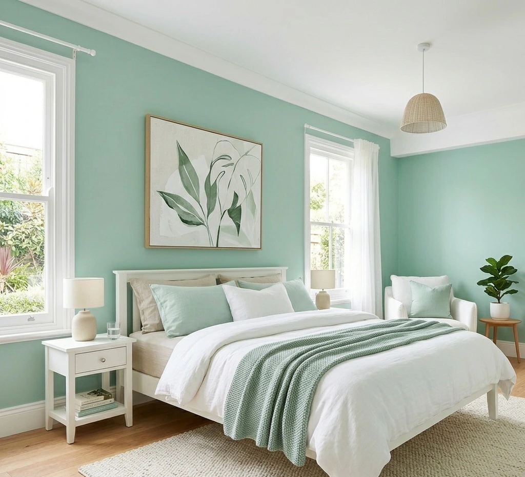 Mint green and white bedroom wall colour combination with fresh and airy interior design