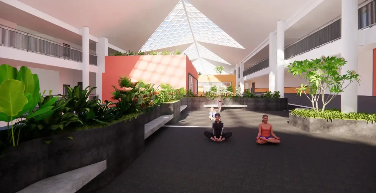 Yoga and wellness terrace with landscaped seating at National Public School Ullal