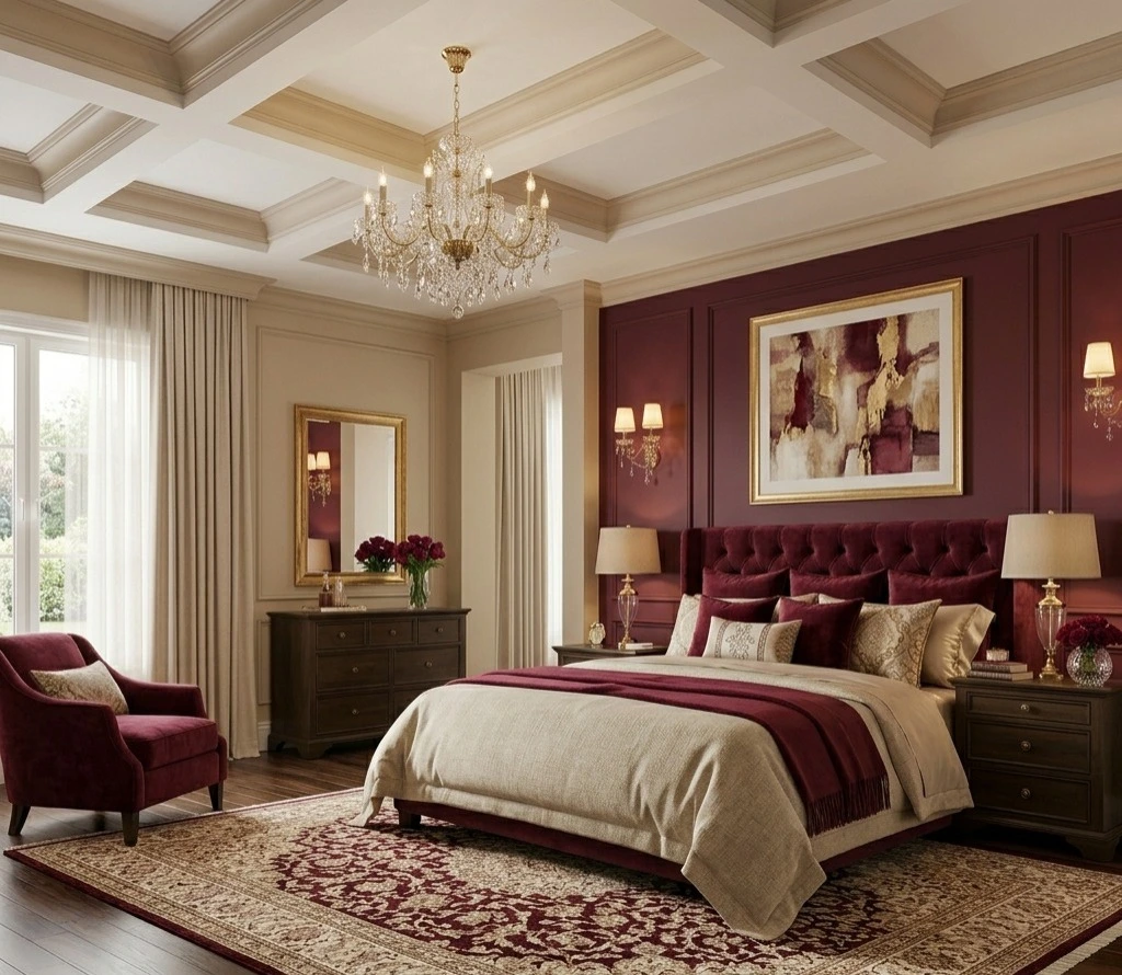 Burgundy and beige bedroom wall colour combination with luxury bedroom interior design