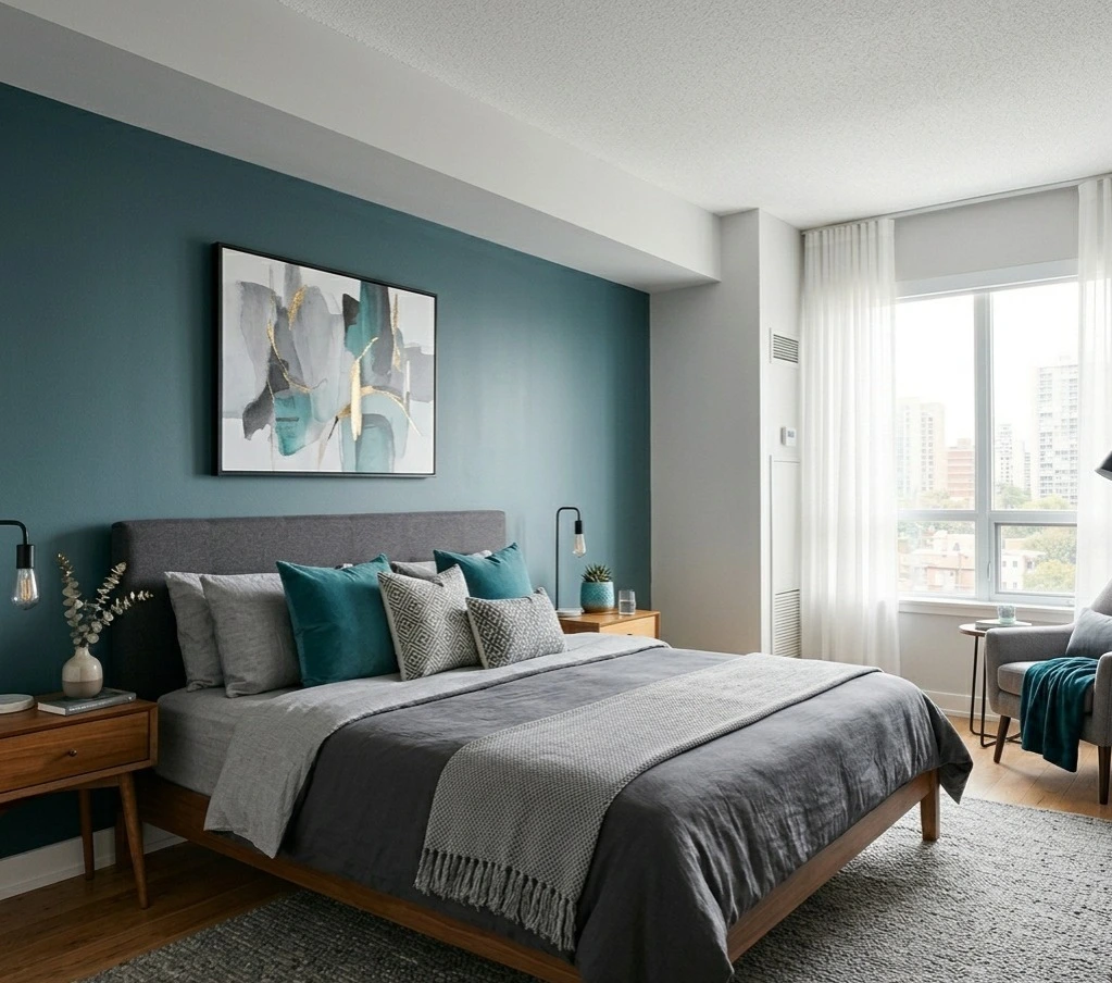 Grey and teal bedroom wall colour combination with contemporary bedroom furniture