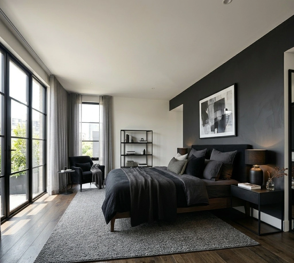 Black and grey bedroom wall colour combination with modern minimalist bedroom design