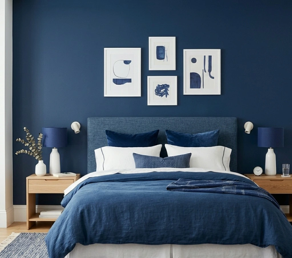 Indigo and white bedroom wall colour combination with modern blue accent wall