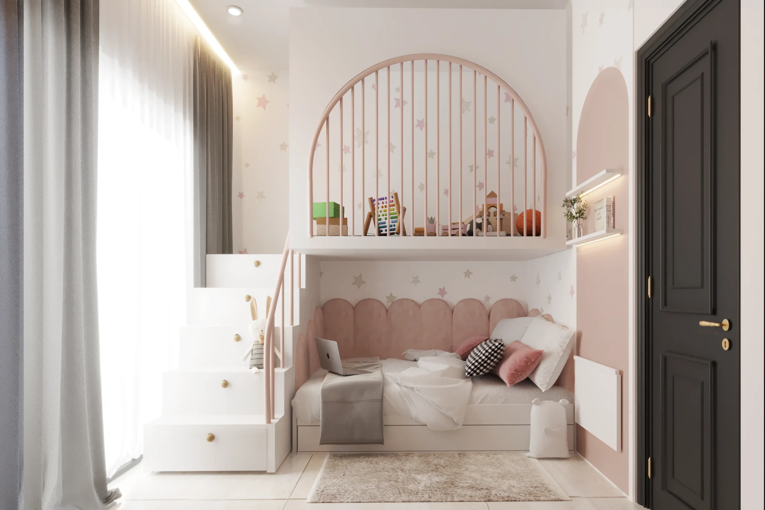 Girls Bedroom Interior Design with Custom Loft Bed