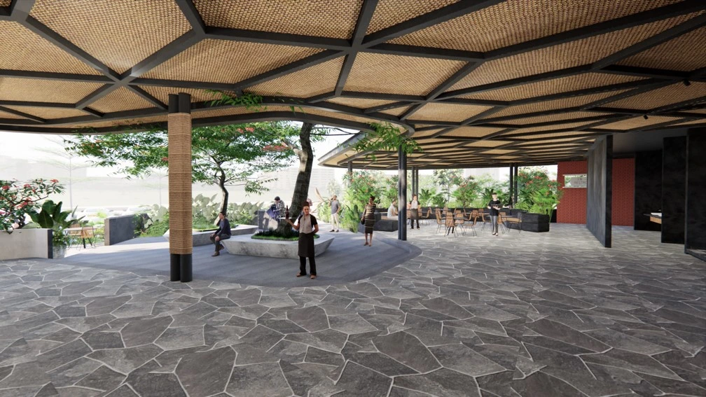Open dining pavilion with landscape architecture and natural materials at Krishna Keshava restaurant