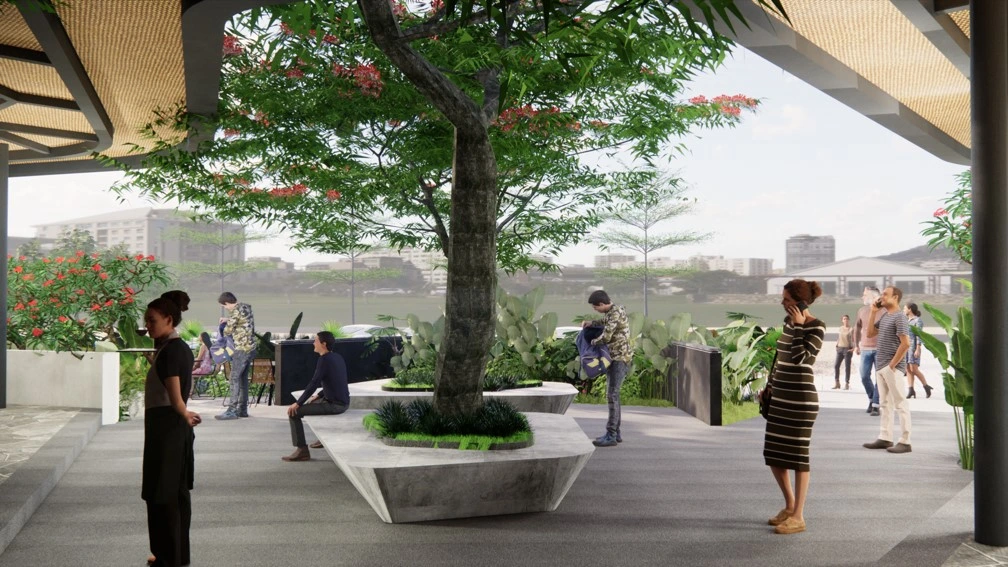 Central tree seating plaza in restaurant landscape architecture project at Krishna Keshava