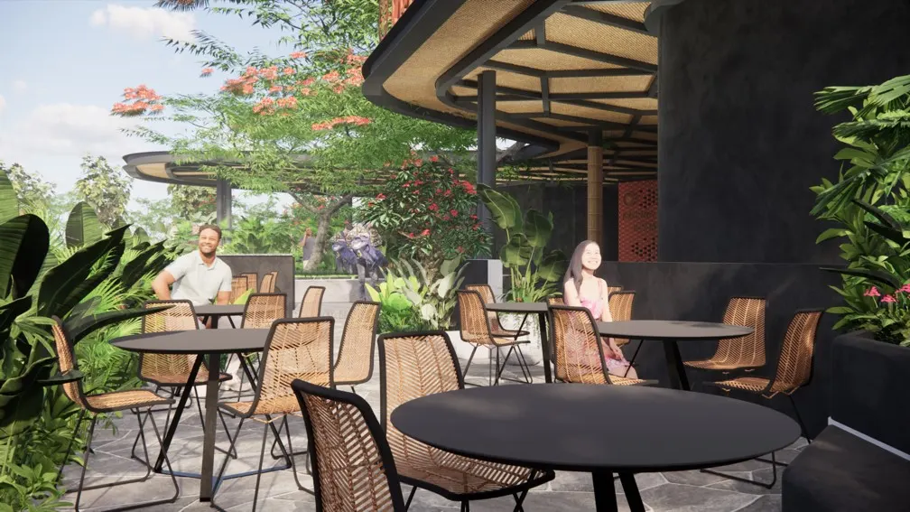 Restaurant terrace seating with lush planting and landscape architecture in Bangalore