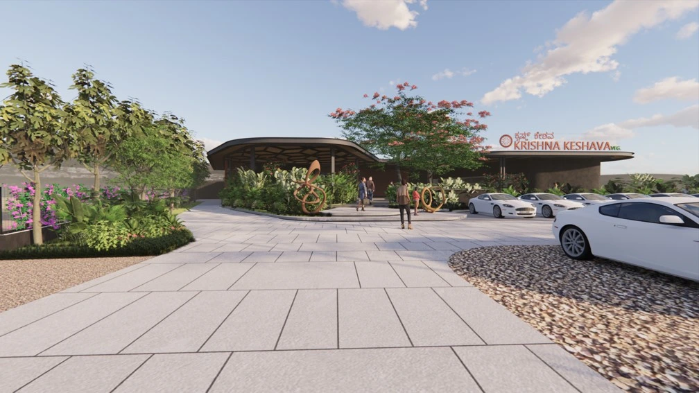 Krishna Keshava restaurant landscape design entrance view with landscaped driveway and outdoor greenery in Bangalore