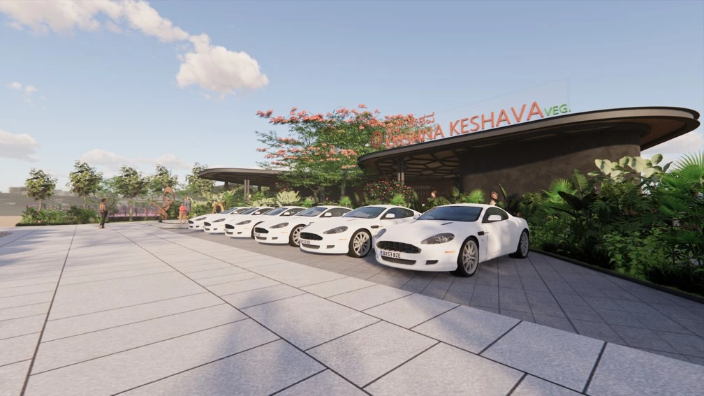 Restaurant landscape architecture with parking area and green planting at Krishna Keshava Bangalore